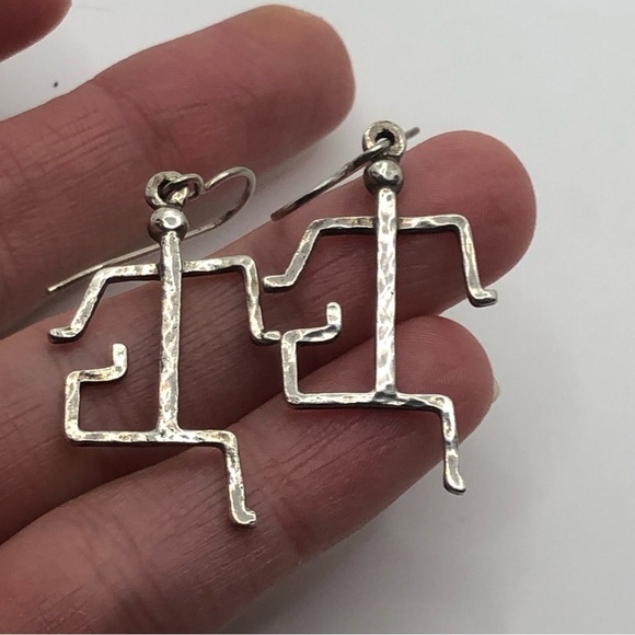 Vtg Sterling Silver Hammered Tribal Style Stick Man Running Earrings 1.7” - Picture 2 of 4